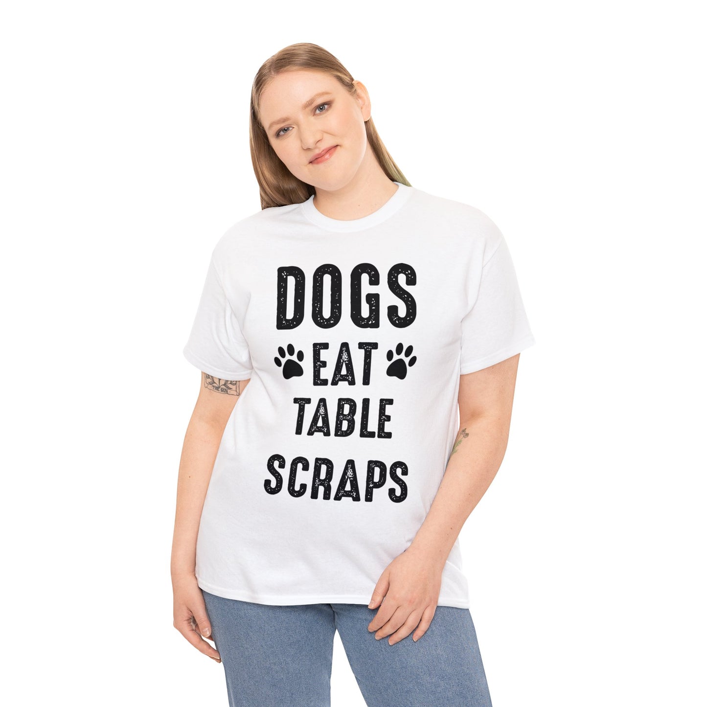 Dogs and cats eat table scraps on this unisex cotton tee