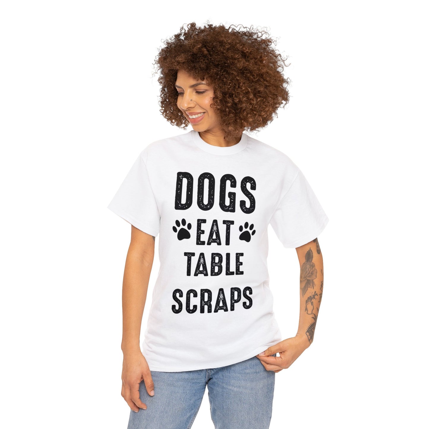 Dogs and cats eat table scraps on this unisex cotton tee