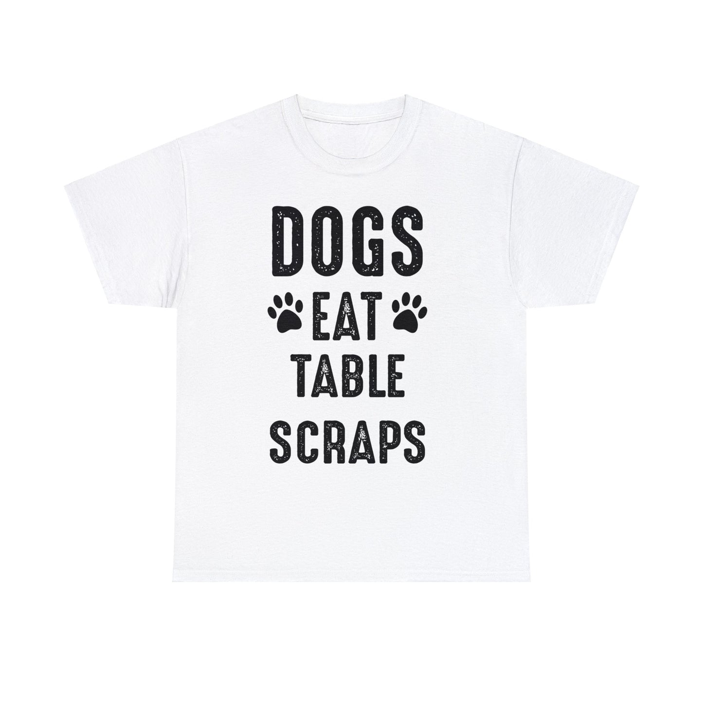 Dogs and cats eat table scraps on this unisex cotton tee