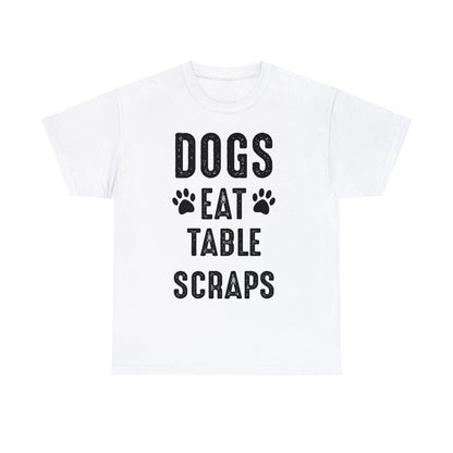 Dogs and cats eat table scraps on this unisex cotton tee