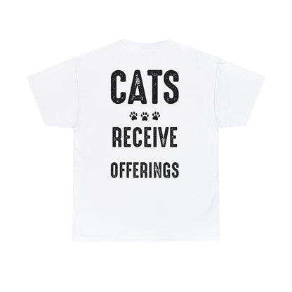 Dogs and cats eat table scraps on this unisex cotton tee