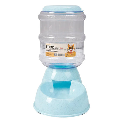 Automatic feeders, plastic water bottles, and bowls for cats and dogs.