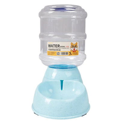 Automatic feeders, plastic water bottles, and bowls for cats and dogs.