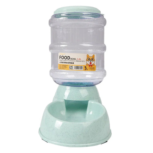 Automatic feeders, plastic water bottles, and bowls for cats and dogs.