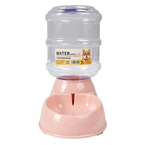 Automatic feeders, plastic water bottles, and bowls for cats and dogs.