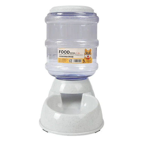 Automatic feeders, plastic water bottles, and bowls for cats and dogs.