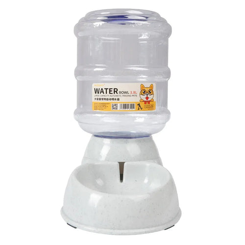 Automatic feeders, plastic water bottles, and bowls for cats and dogs.